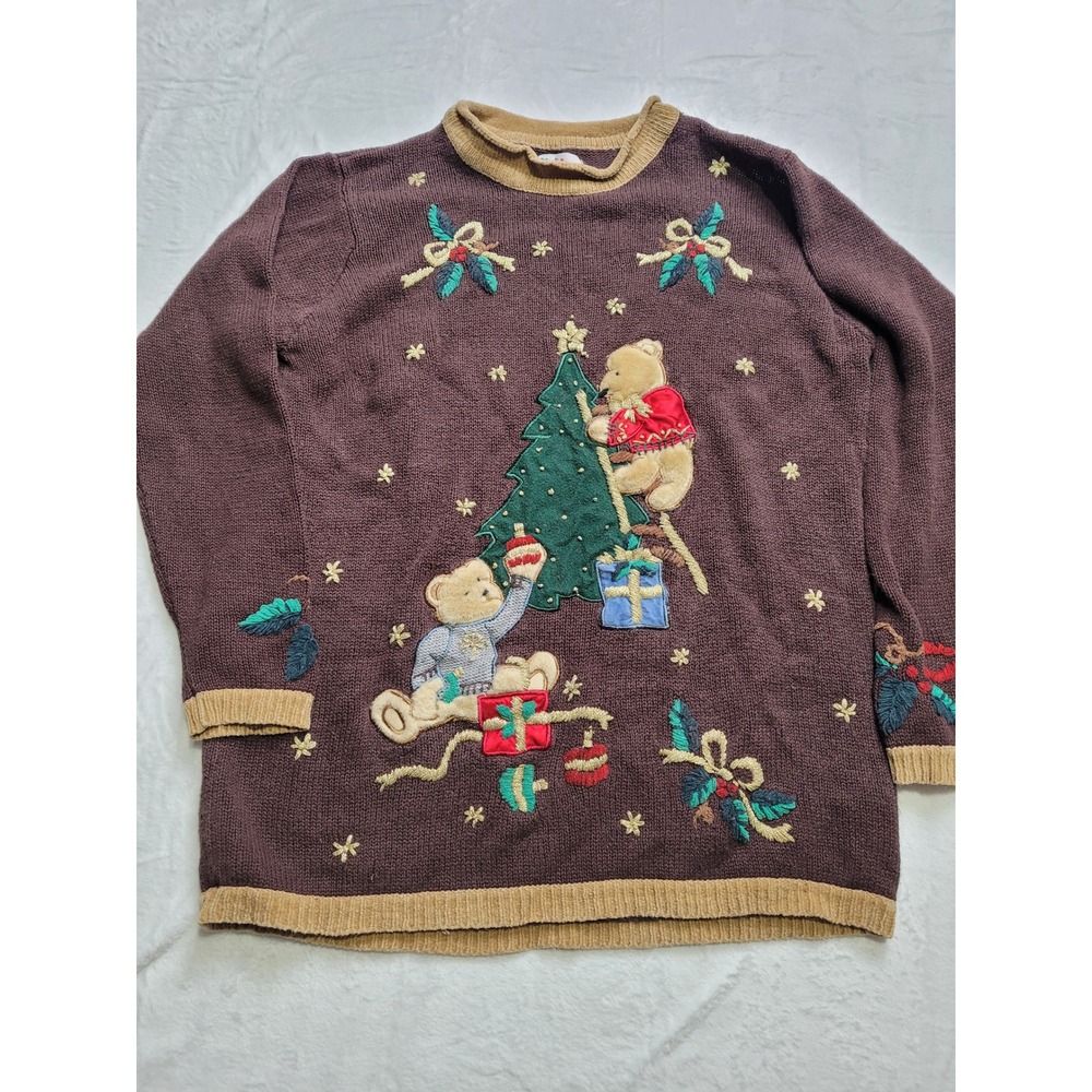 Nutcracker Christmas Sweater Womens Medium Brown Teddy Bear Tree Embroidered